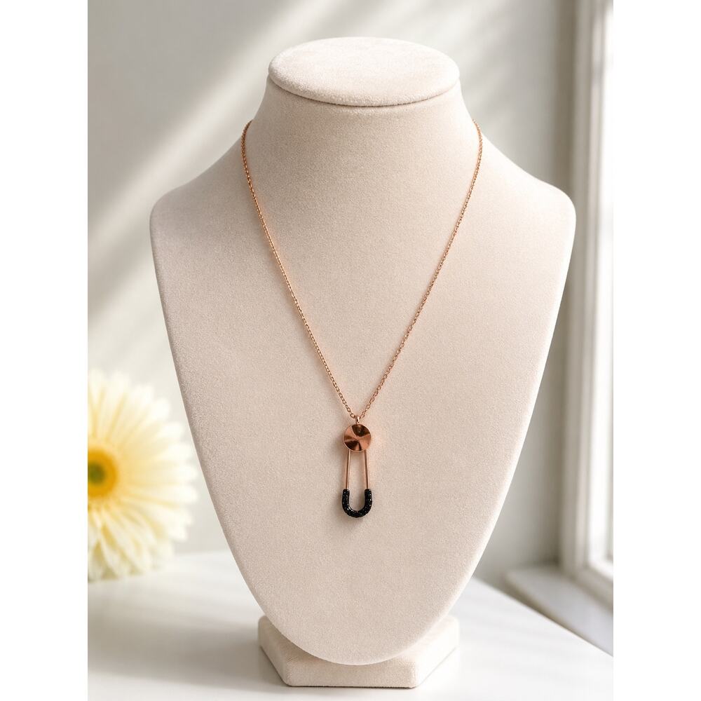 Rose Gold Safety Pin Pendant Necklace Black Crystal Minimalist Women Jewelry - Picture 1 of 6